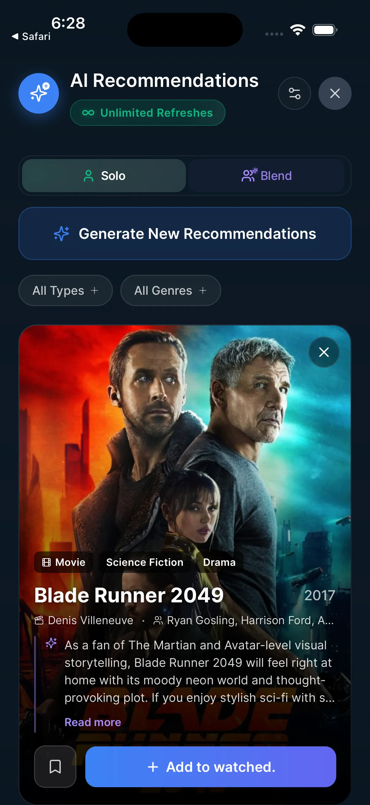 A watched. recommendation that explains why it suggests Blade Runner 2049, based on films the person liked.